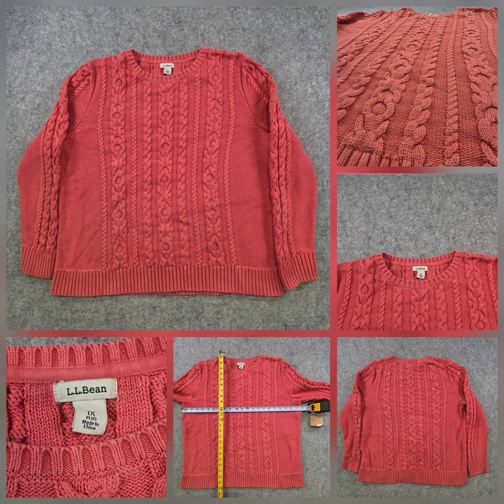 LL Bean Sweater Womens 1X Plus Pink 100% Cotton Cable Knit Crewneck Pullover